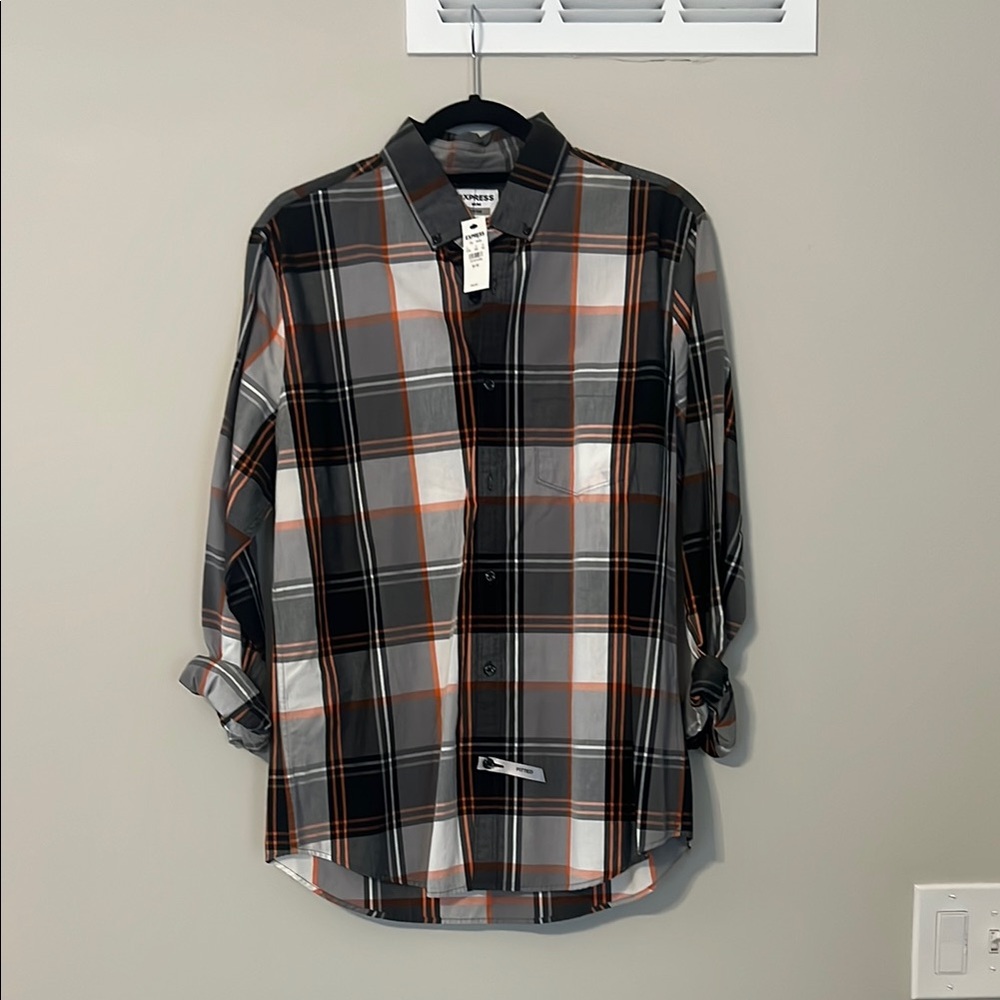 Men's Black and Orange Plaid Shirt